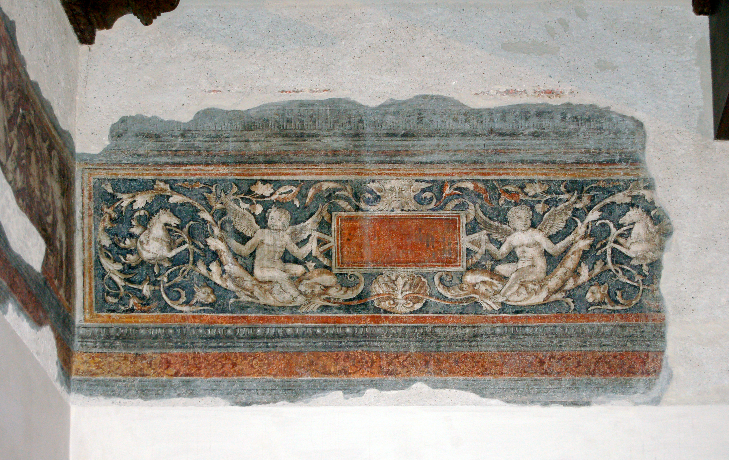 decorazioni ornamentali con grottesche e imprese araldiche (fascia ornamentale, complesso decorativo) - ambito italiano (sec. XVI)