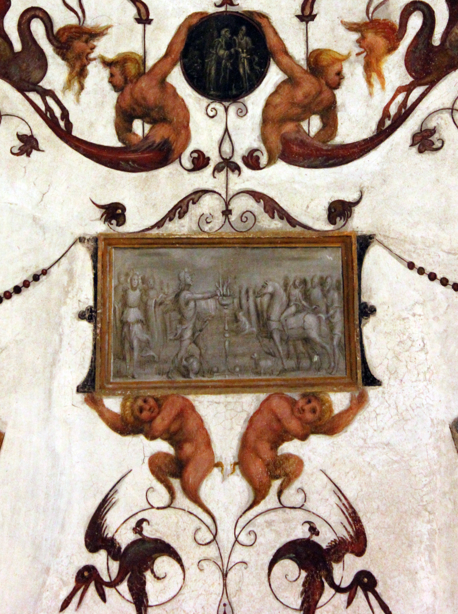 Muzio Scevola dinnanzi a Porsenna, trionfo di Saturno sul carro, ninfa con due satiri, scena di clemenza (?) (insegna) di Leonbruno Lorenzo (e aiuti) (sec. XVI)