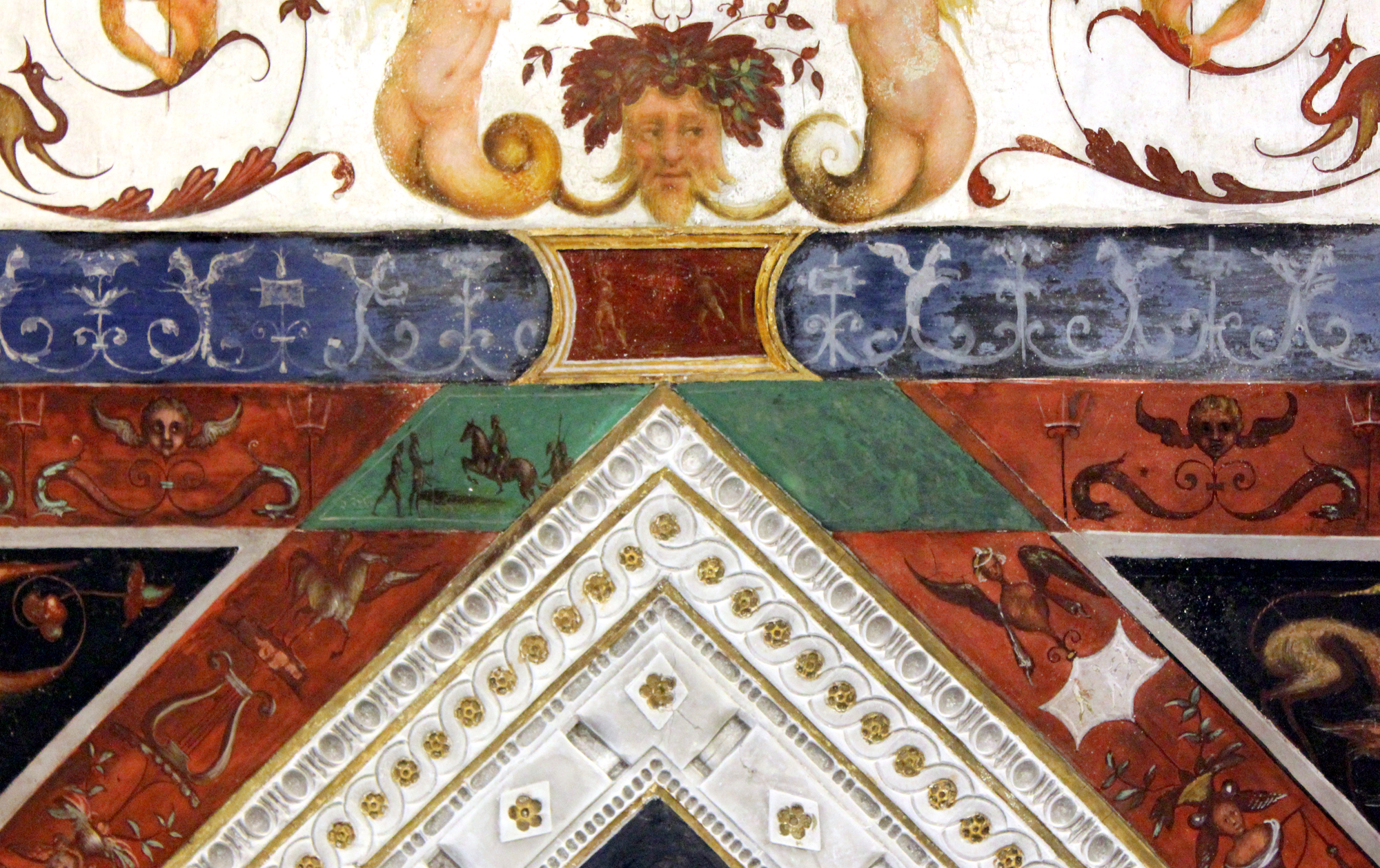cavaliere tra fanti, soggetti profani, punizione di un prigioniero, viandante in cammino, scena di sacrificio, due fauni presso un idolo (decorazione pittorica) di Leonbruno Lorenzo (e aiuti) (sec. XVI)