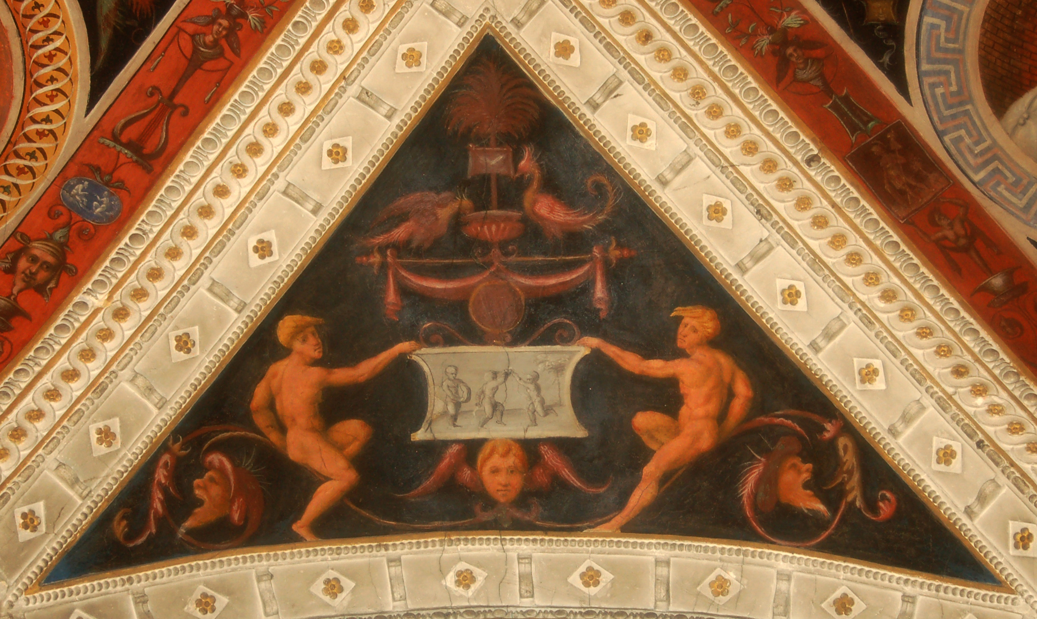 scena di ballo con tre puttini, grottesche (vela) di Leonbruno Lorenzo (e aiuti) (sec. XVI)