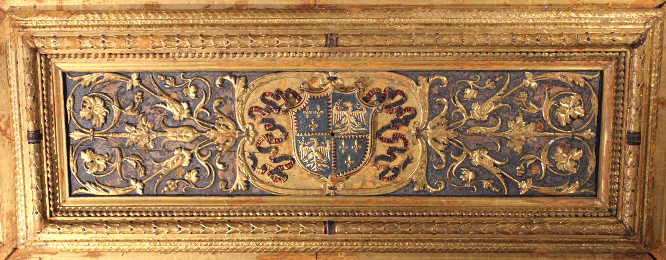 decorazioni fitomorfe a girali e stemma famigliare (decorazione plastico-pittorica, elemento d'insieme) (sec. XVI)