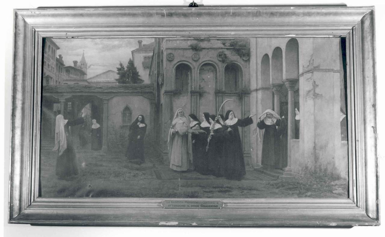 La badessa Morosini e le consorelle attendono il doge Gradenigo, SUORE NEL CORTILE DI UN CONVENTO (DIPINTO, opera isolata) di Raymond Lodovico (terzo quarto sec. XIX)