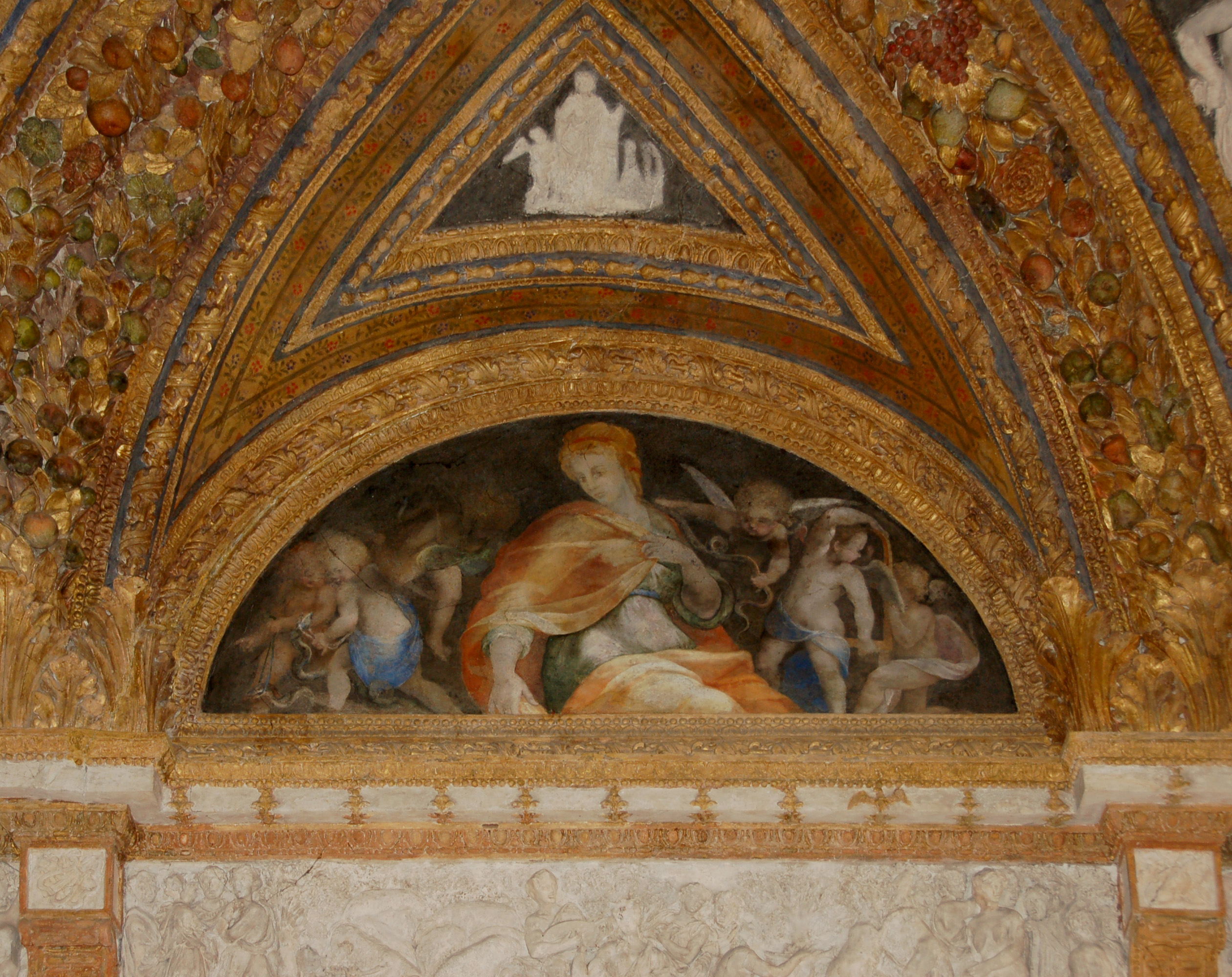 Prudenza (dipinto murale, elemento d'insieme) di Ligorio, Pirro (attribuito), Costa Lorenzo il Giovane (attribuito) (terzo quarto sec. XVI)