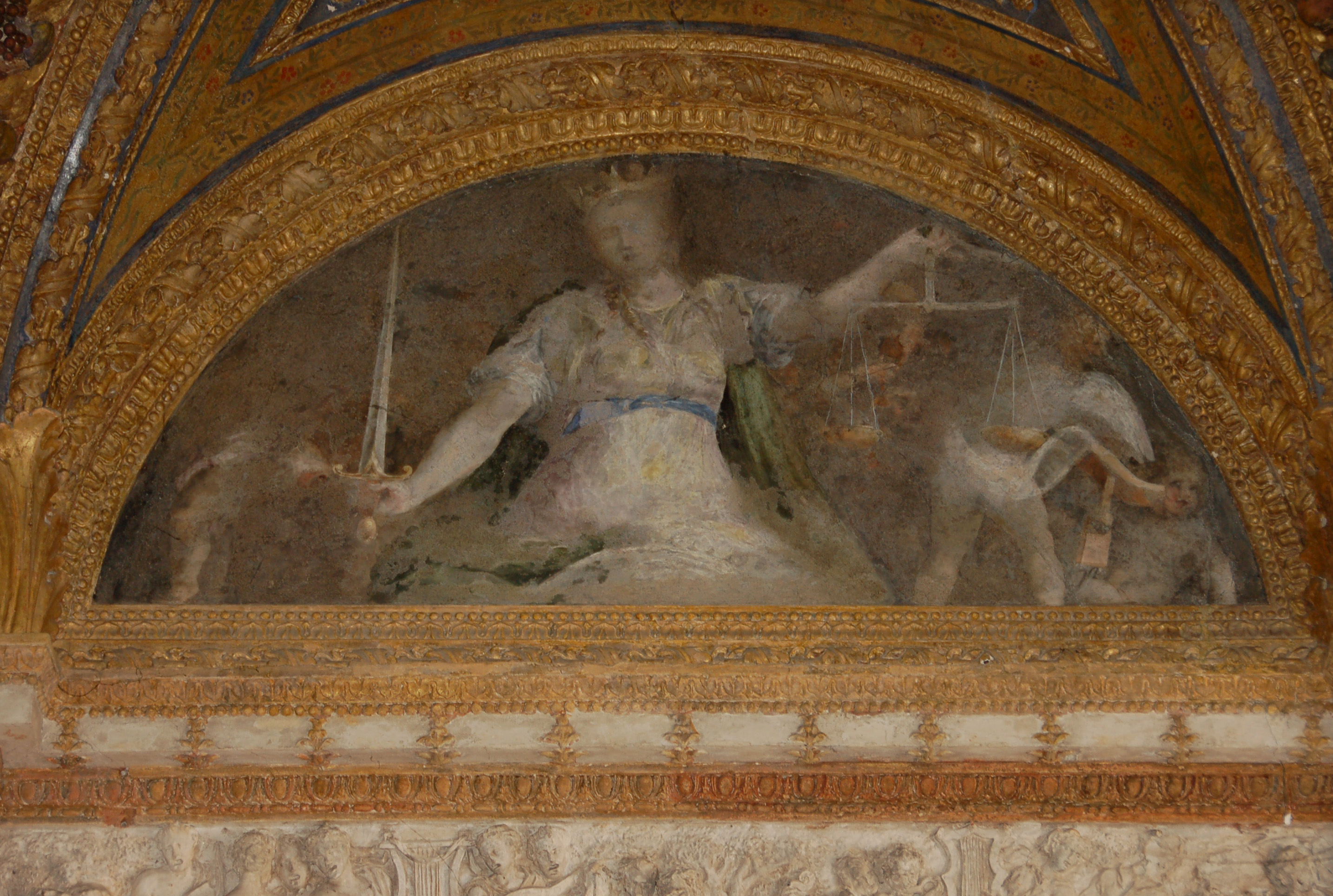 Giustizia (dipinto murale, elemento d'insieme) di Ligorio, Pirro (attribuito), Costa Lorenzo il Giovane (attribuito) (terzo quarto sec. XVI)