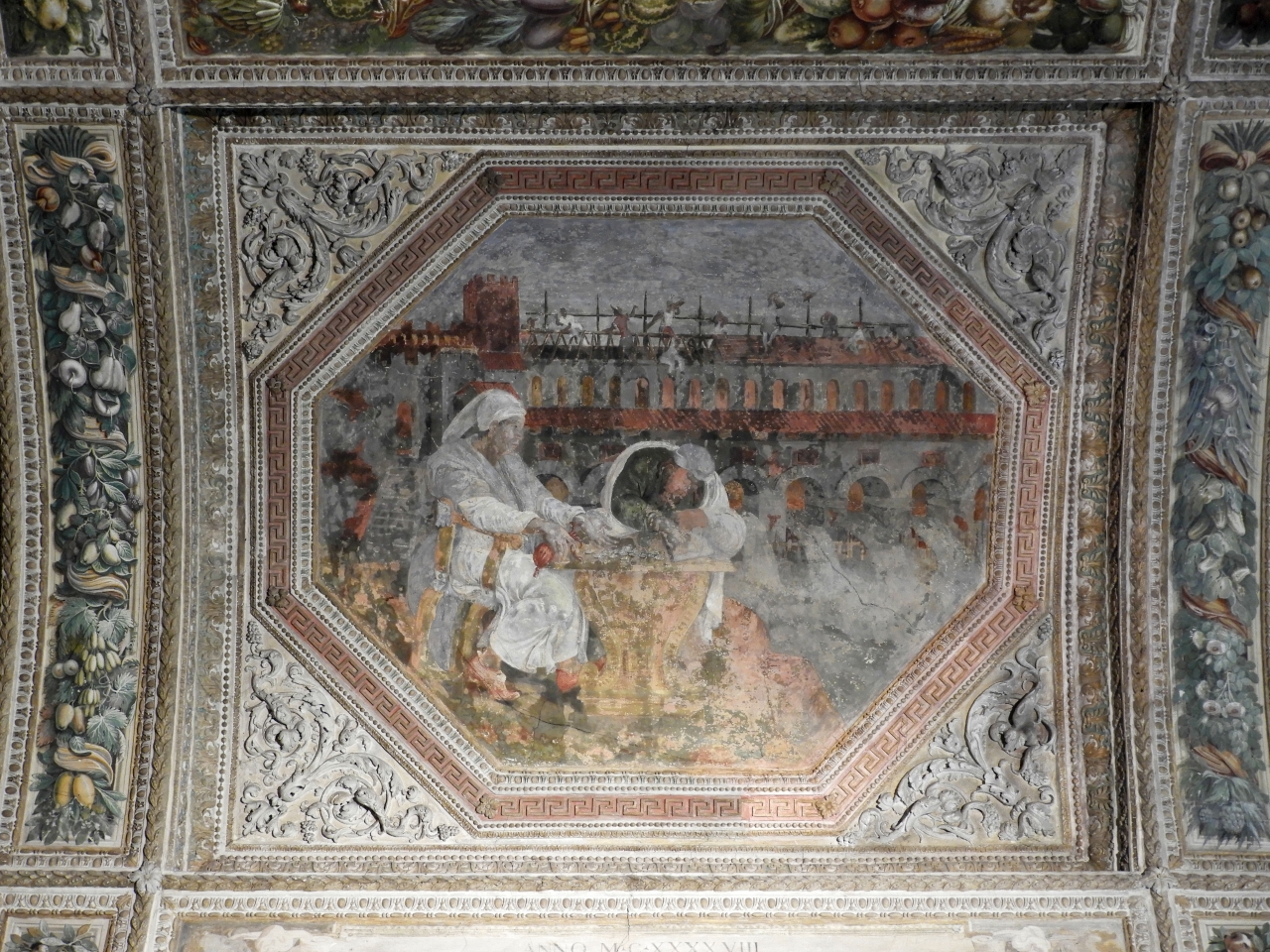 La costruzione del Ponte dei Mulini di Mantova (dipinto murale) di Bertani Giovanni Battista, Ghisoni Fermo detto Fermo da Caravaggio (attribuito) (terzo quarto sec. XVI)
