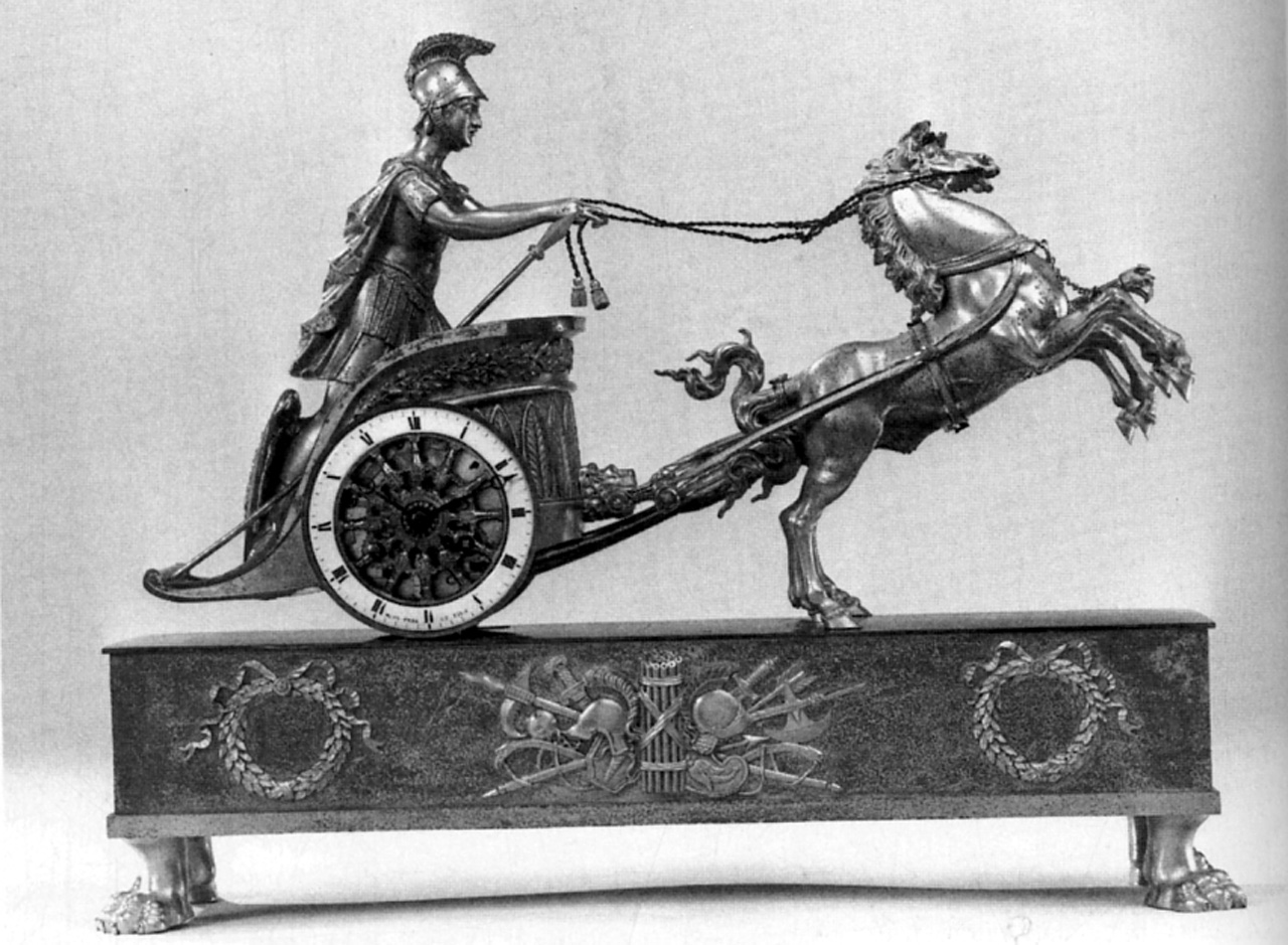 soldato romano su una biga (orologio - da mensola, opera isolata) di Musy Père & Fils - manifattura parigina, manifattura francese (inizio, inizio sec. XIX, sec. XIX)