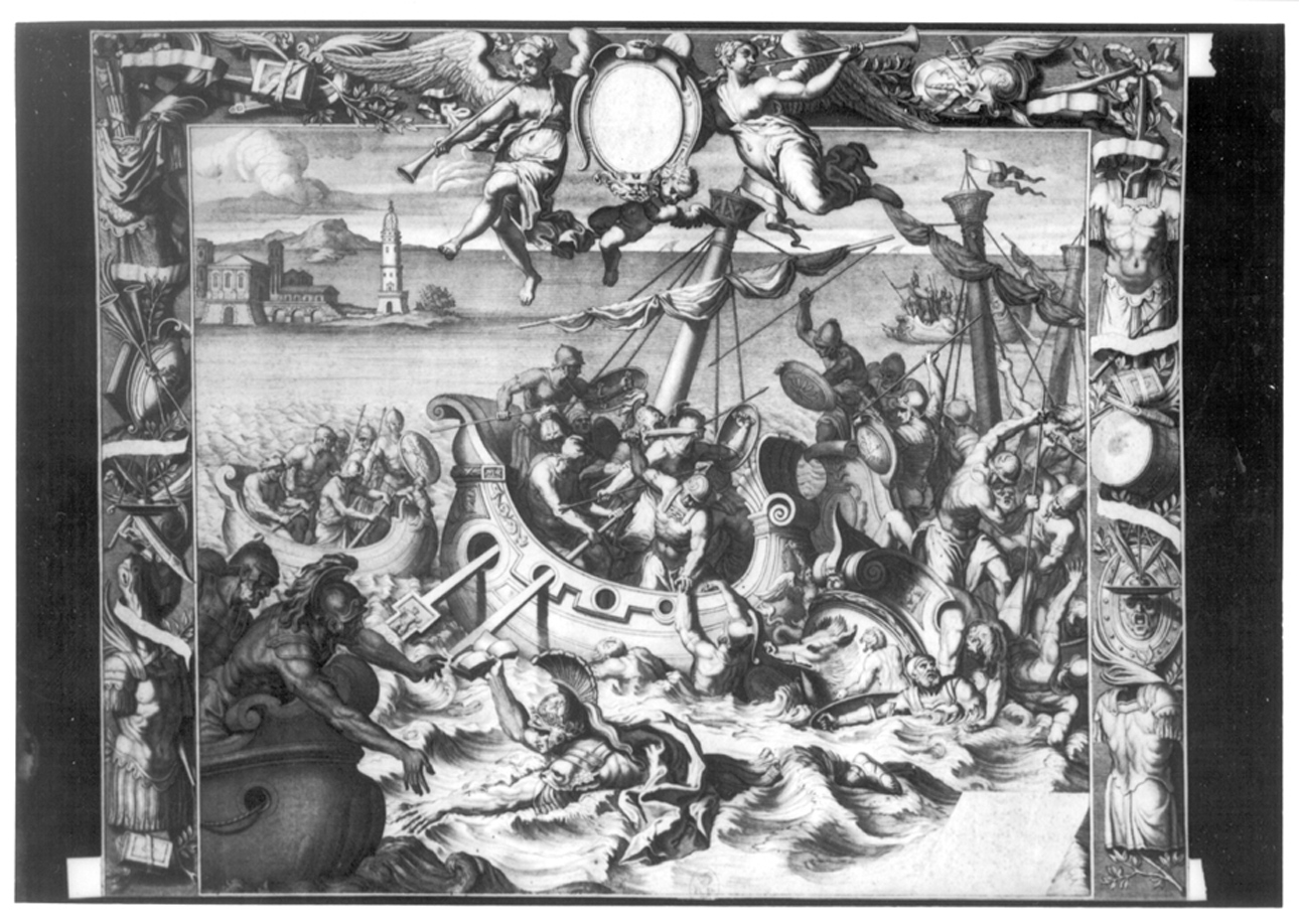Cesare nuotante salva i Commentari, Battaglia navale (stampa smarginata) di Tasnière Georges (ultimo quarto sec. XVII)
