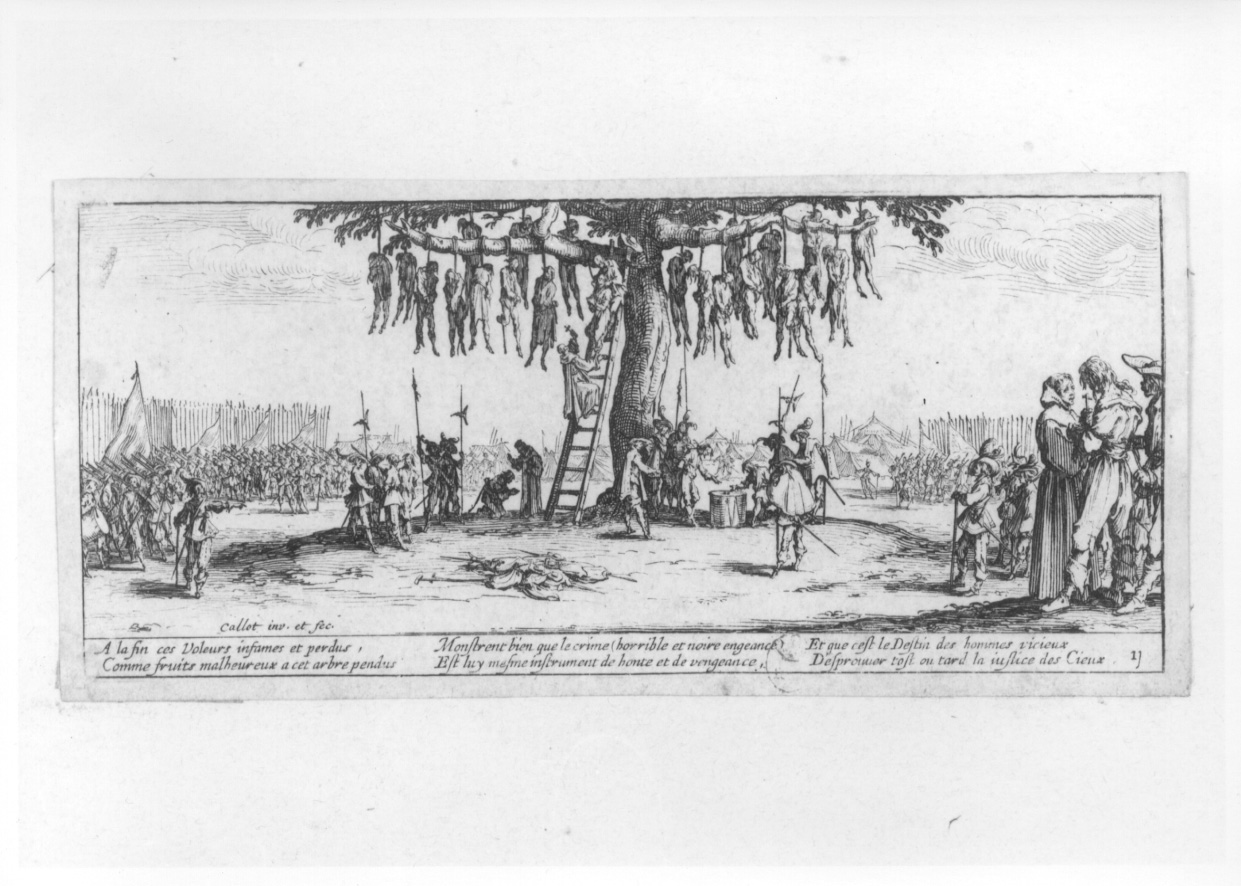 scena di impiccagione (stampa smarginata, serie) di Callot Jacques (secondo quarto sec. XVII)