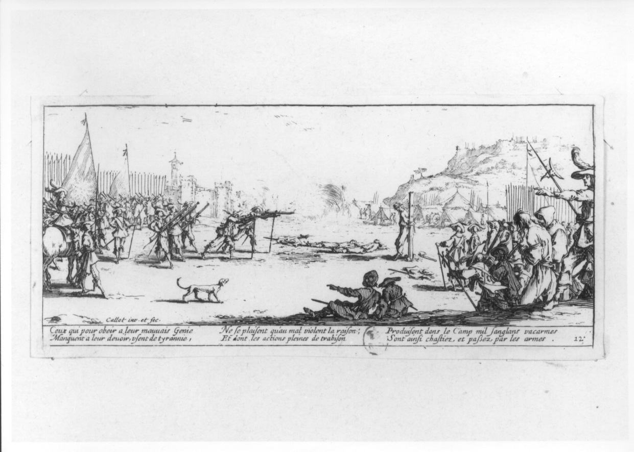 scena di fucilazione (stampa smarginata, serie) di Callot Jacques (secondo quarto sec. XVII)