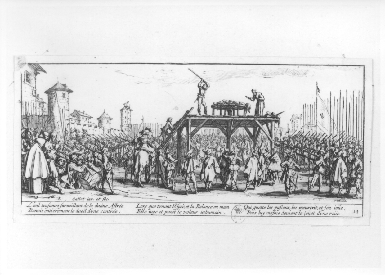 scena di tortura (stampa smarginata, serie) di Callot Jacques (secondo quarto sec. XVII)