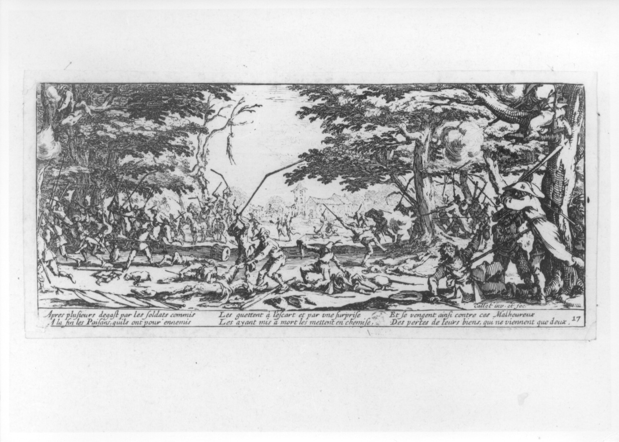 combattimento tra contadini e soldati (stampa smarginata, serie) di Callot Jacques (secondo quarto sec. XVII)