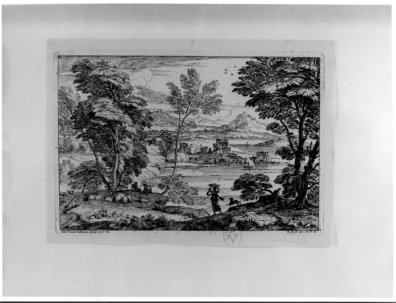 Paese con castello alla marina, paesaggio con figure e animali (stampa) di Van der Cabel Adriaen (ultimo quarto sec. XVII)