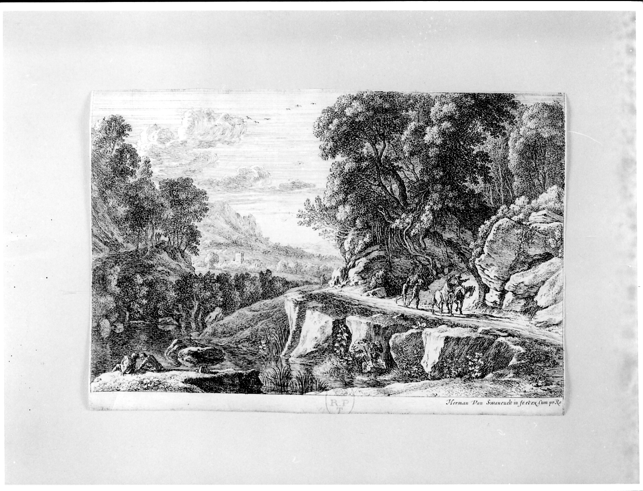 Paese con due cavalieri, paesaggio con figure e animali (stampa) di Swanevelt Herman van (metà sec. XVII)