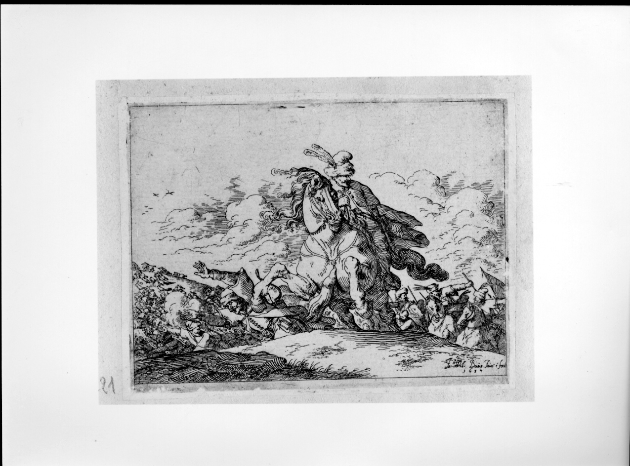 Cavaliere al galoppo, battaglia (stampa) di Baur Johann Wilhelm (secondo quarto sec. XVII)