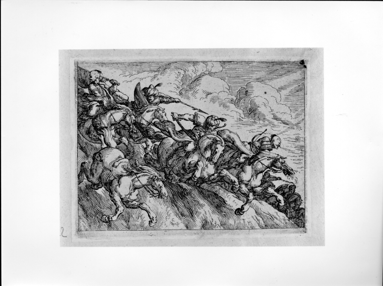 Galoppata di guerrieri, battaglia (stampa) di Baur Johann Wilhelm (secondo quarto sec. XVII)