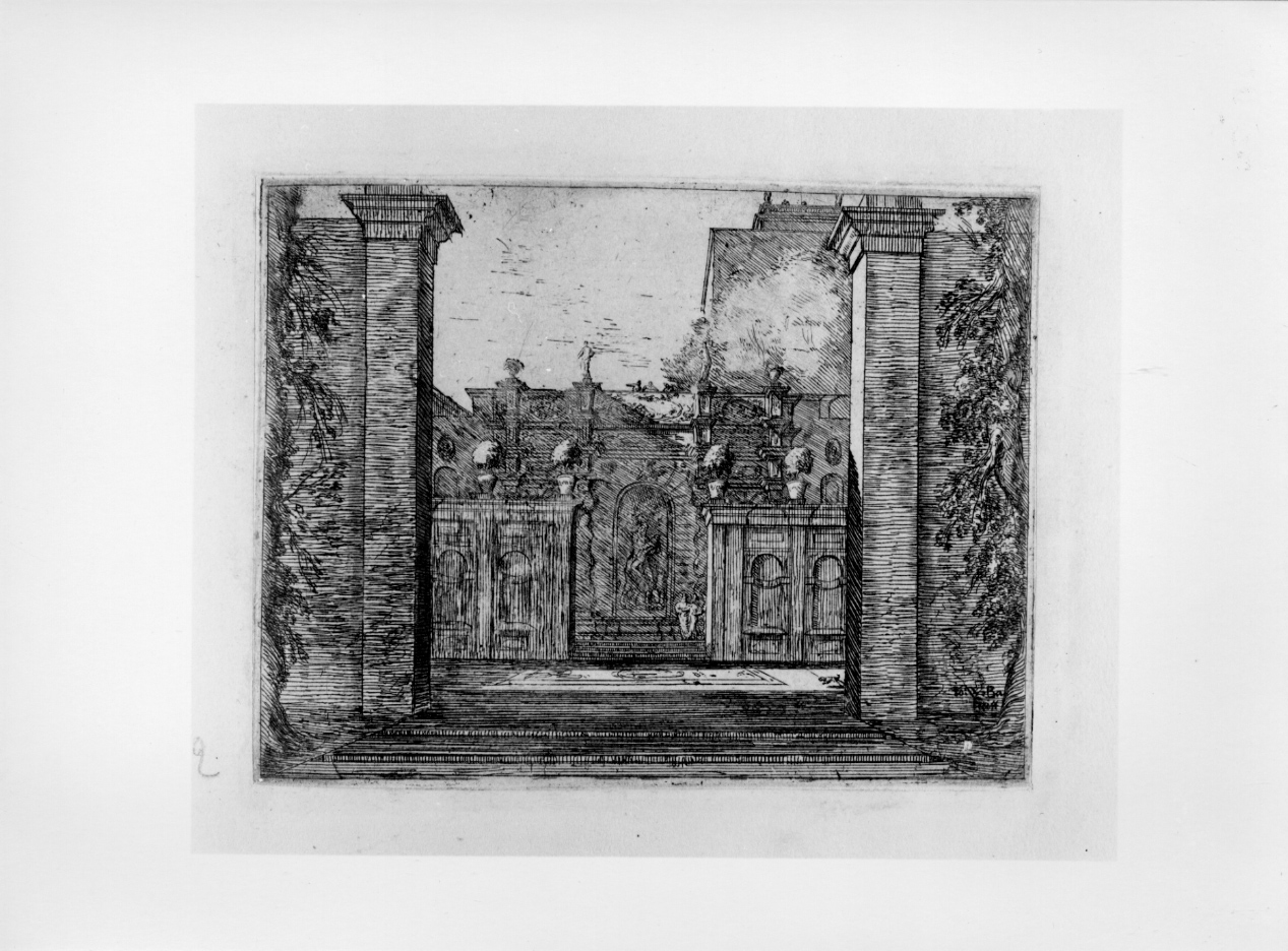 Prospettiva architettonica, giardino (stampa) di Baur Johann Wilhelm (secondo quarto sec. XVII)