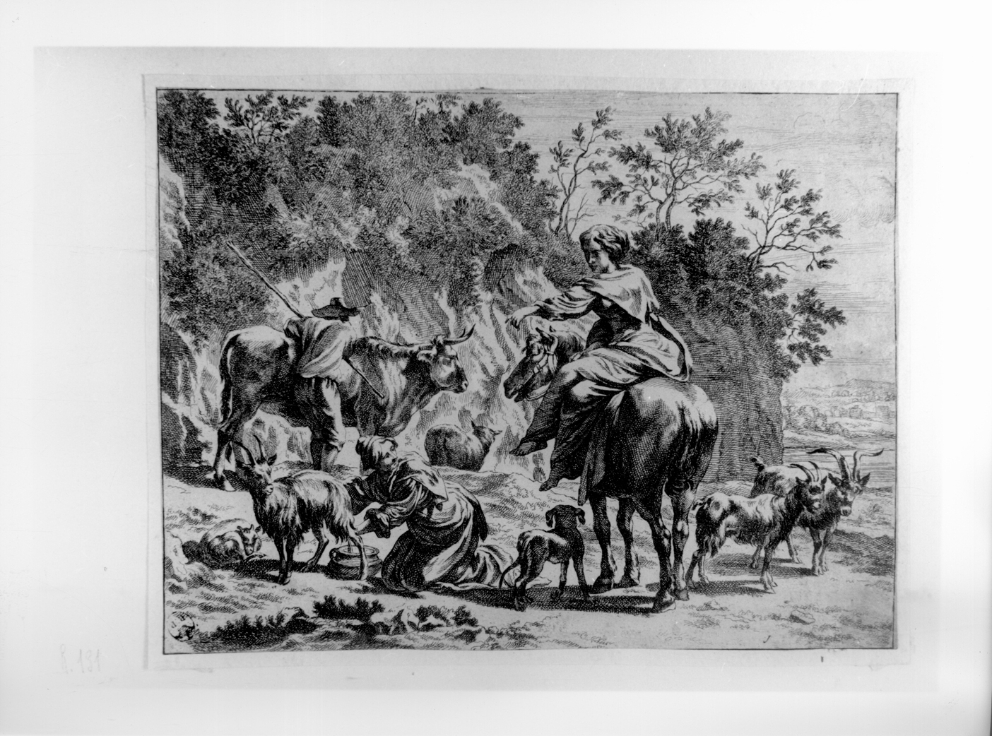 Scena campestre, scena campestre con figure e animali (stampa smarginata) di Berchem Nicolaes, Danckerts Dancker - ambito olandese (seconda metà sec. XVII)