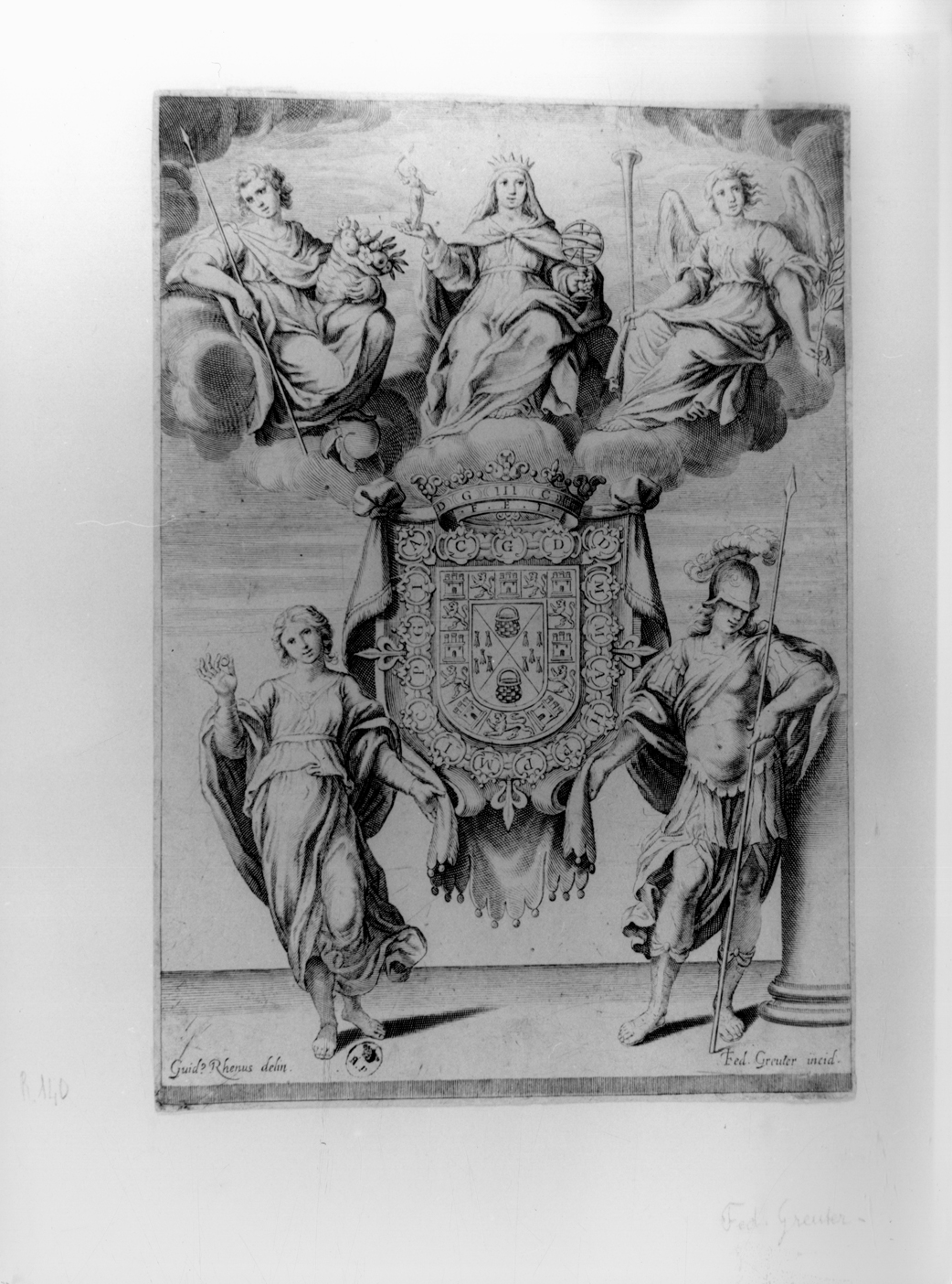 Stemma gentilizio, stemma gentilizio con figure allegoriche (stampa smarginata) di Reni Guido, Greuter Johann Friedrich - ambito bolognese, ambito tedesco (secondo quarto sec. XVII)