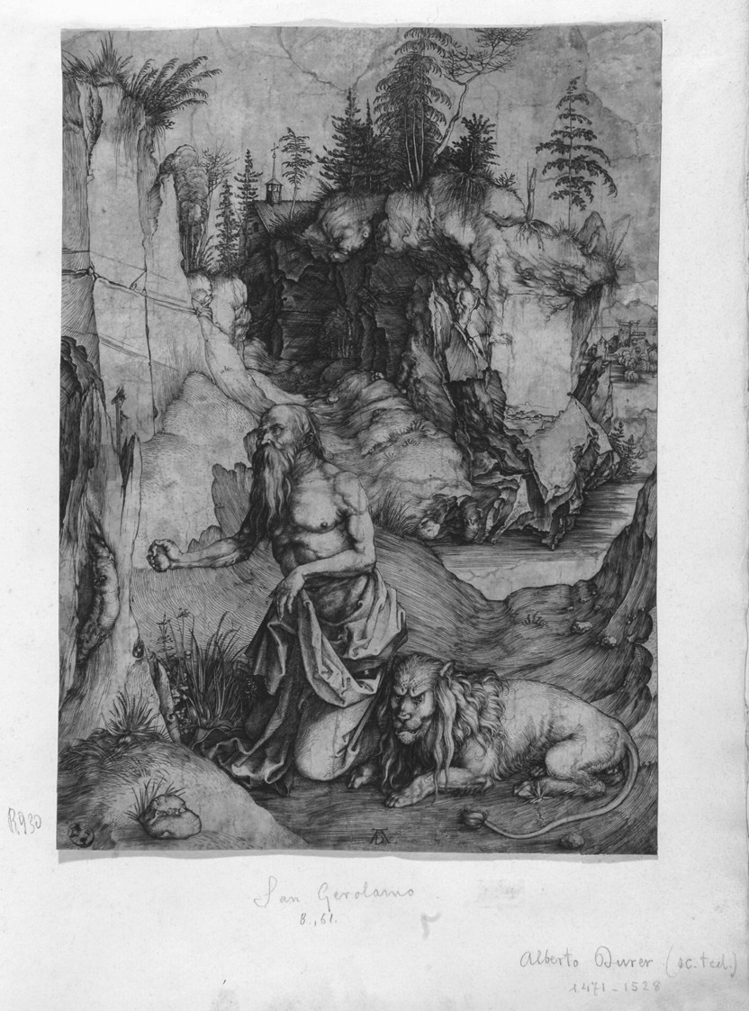 San Girolamo nel deserto, San Girolamo penitente nel deserto (stampa smarginata) di Durer Albrecht - ambito tedesco (fine sec. XVI)