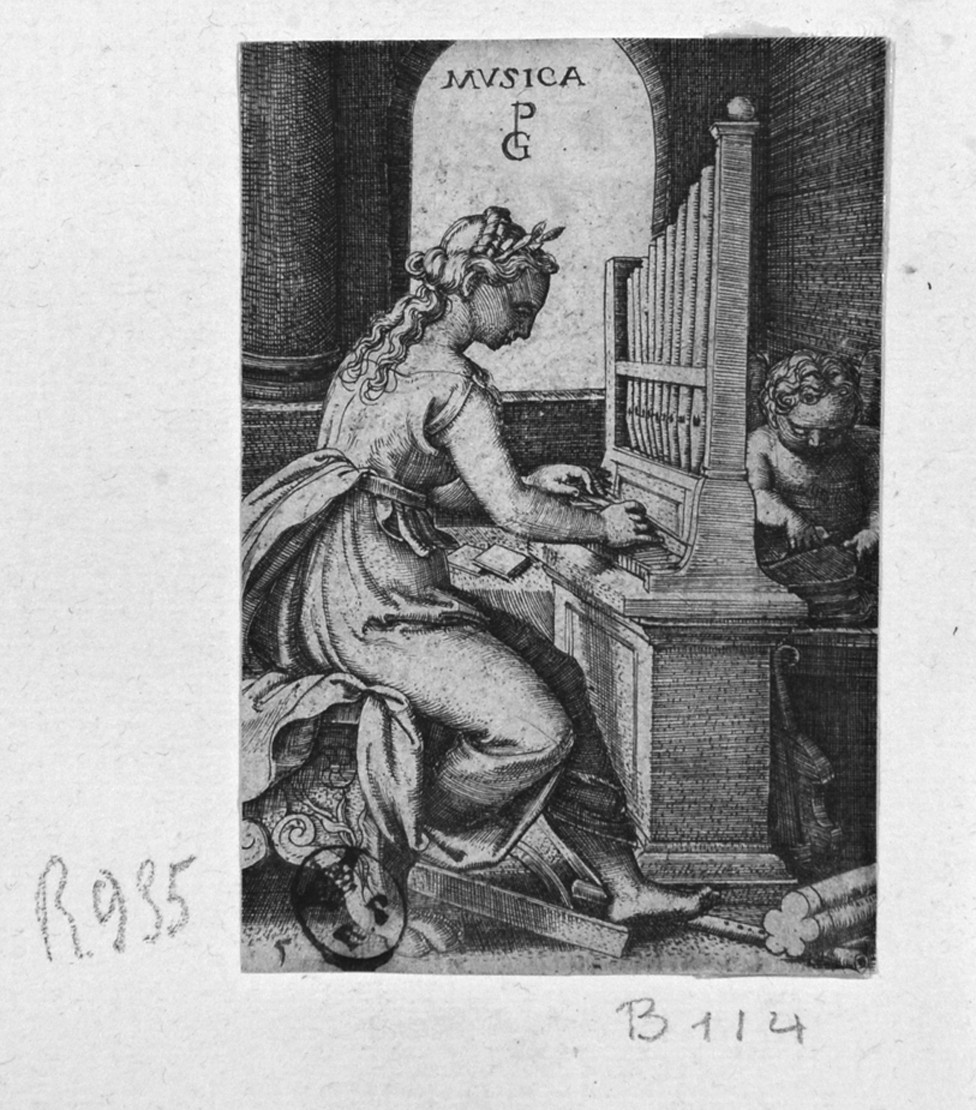 La Musica, Musica (stampa smarginata) di Pencz Georg - ambito tedesco (prima metà sec. XVI)