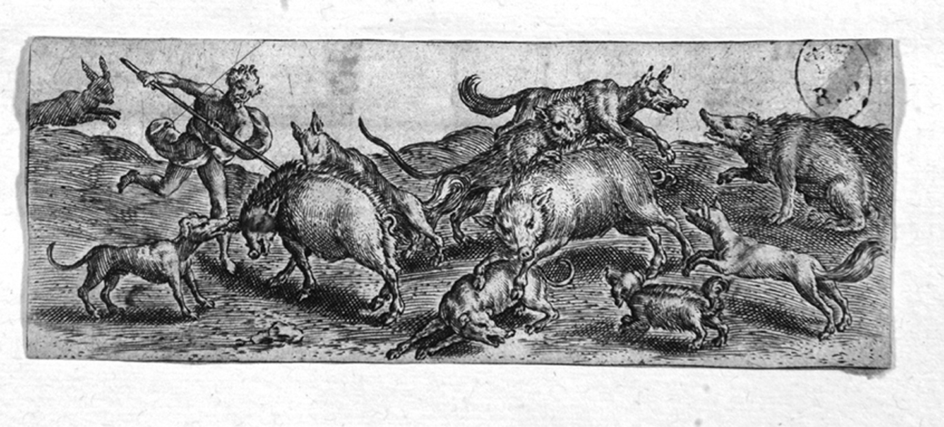 Caccia, scena di caccia (stampa smarginata) di Pencz Georg - ambito tedesco (prima metà sec. XVI)