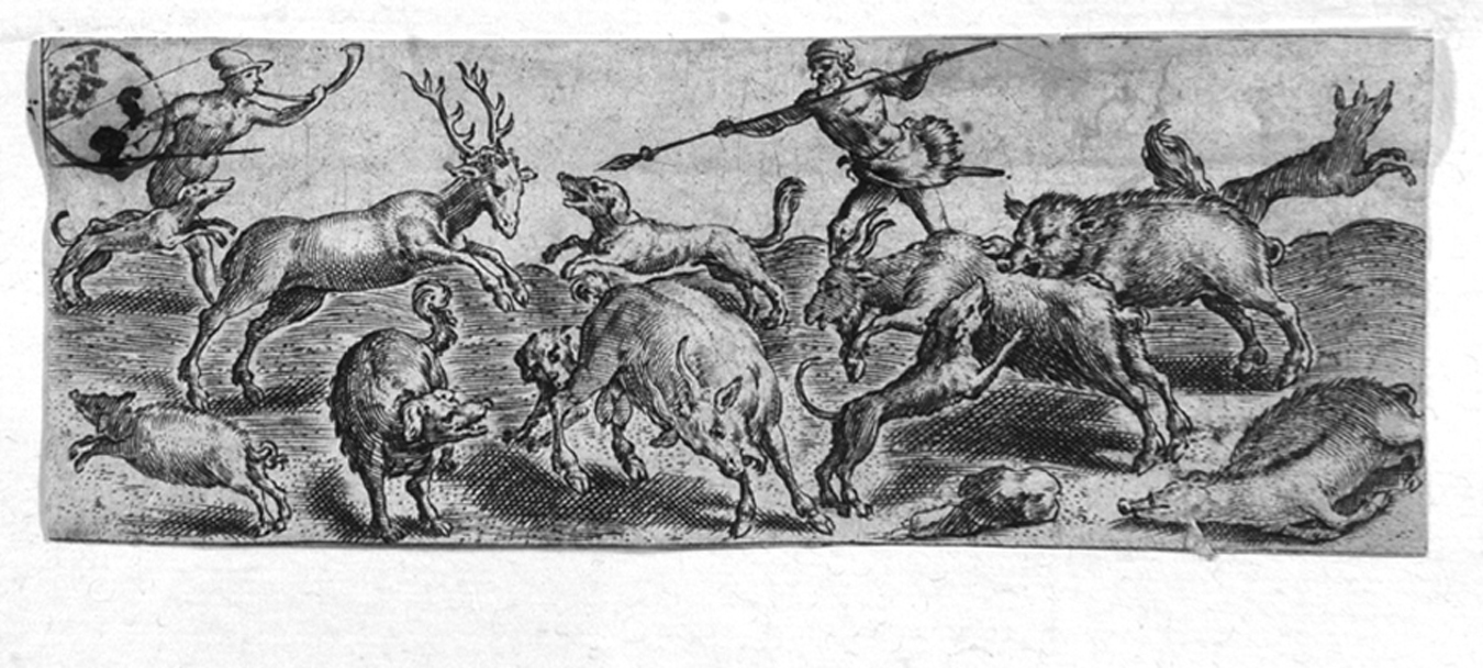 Caccia, scena di caccia (stampa smarginata) di Pencz Georg - ambito tedesco (prima metà sec. XVI)