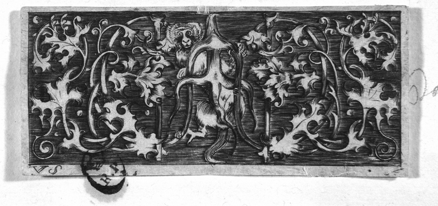Decorazioni, motivi fitomorfi con scimmia (stampa smarginata) di Solis Virgil - ambito tedesco (terzo quarto sec. XVI)
