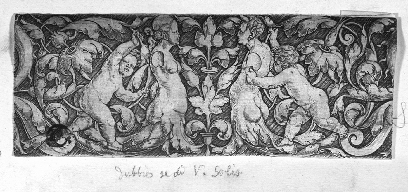 Fregio con erme e putti, fregio con erme e putti (stampa smarginata) di Solis Virgil - ambito tedesco (terzo quarto sec. XVI)