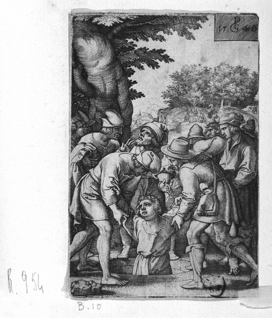 Giuseppe calato nella cisterna, Giuseppe calato nella cisterna (stampa smarginata) di Pencz Georg - ambito tedesco (prima metà sec. XVI)