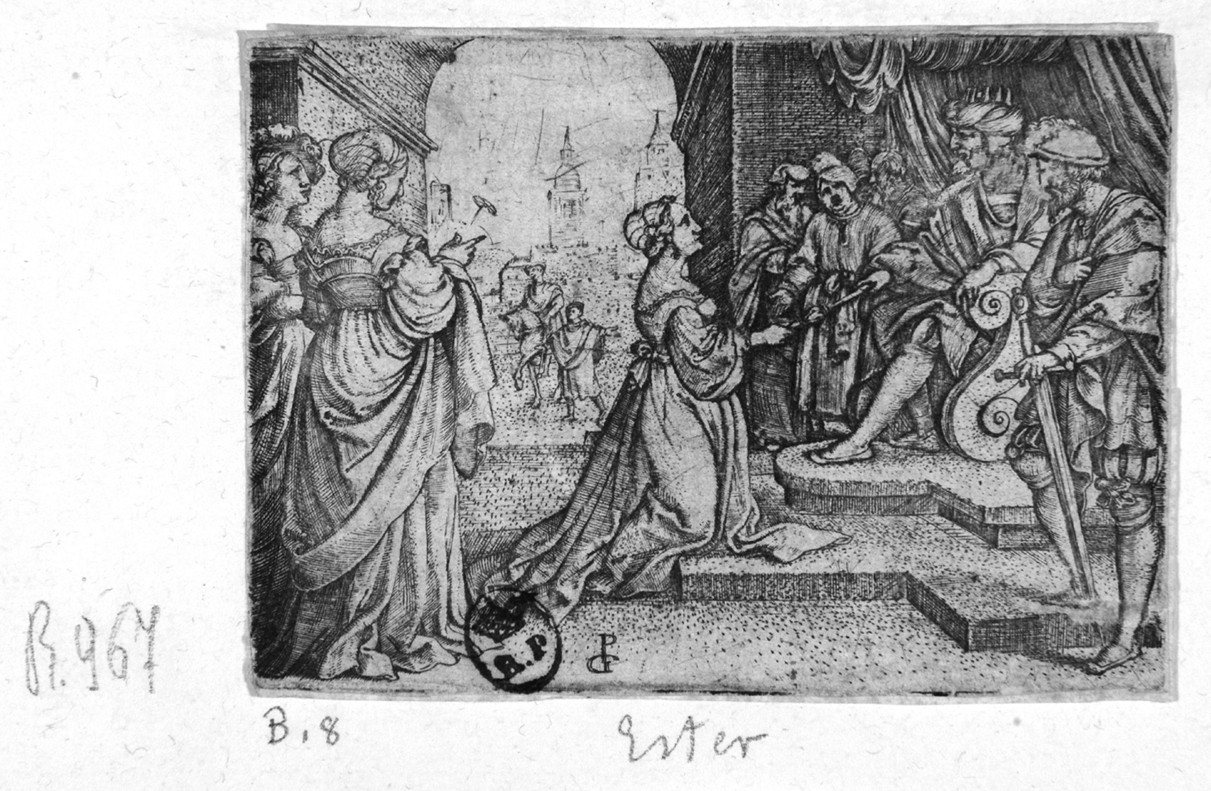 Ester e Assuero, Ester e Assuero (stampa smarginata) di Pencz Georg - ambito tedesco (prima metà sec. XVI)