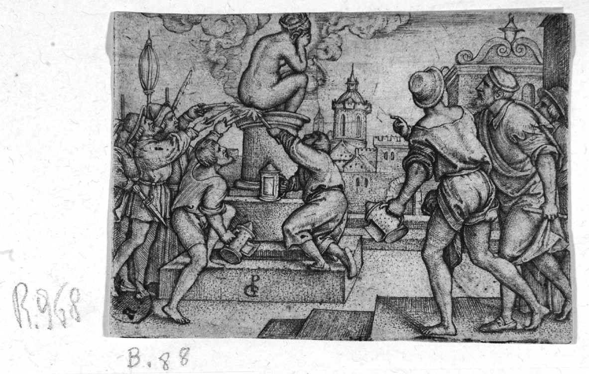 La punizione della cortigiana, cortigiana punita (stampa smarginata) di Pencz Georg - ambito tedesco (prima metà sec. XVI)