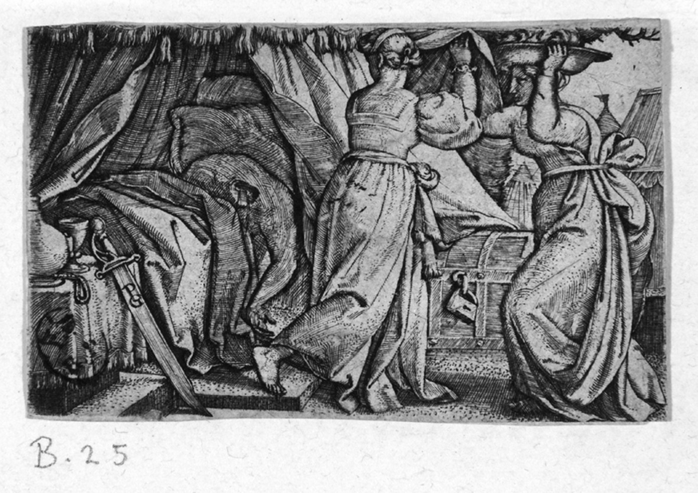 Giuditta con la testa di Oloferne, Giuditta e la sua ancella mettono la testa di Oloferne su un piatto e la coprono con un panno (stampa smarginata) di Pencz Georg - ambito tedesco (prima metà sec. XVI)