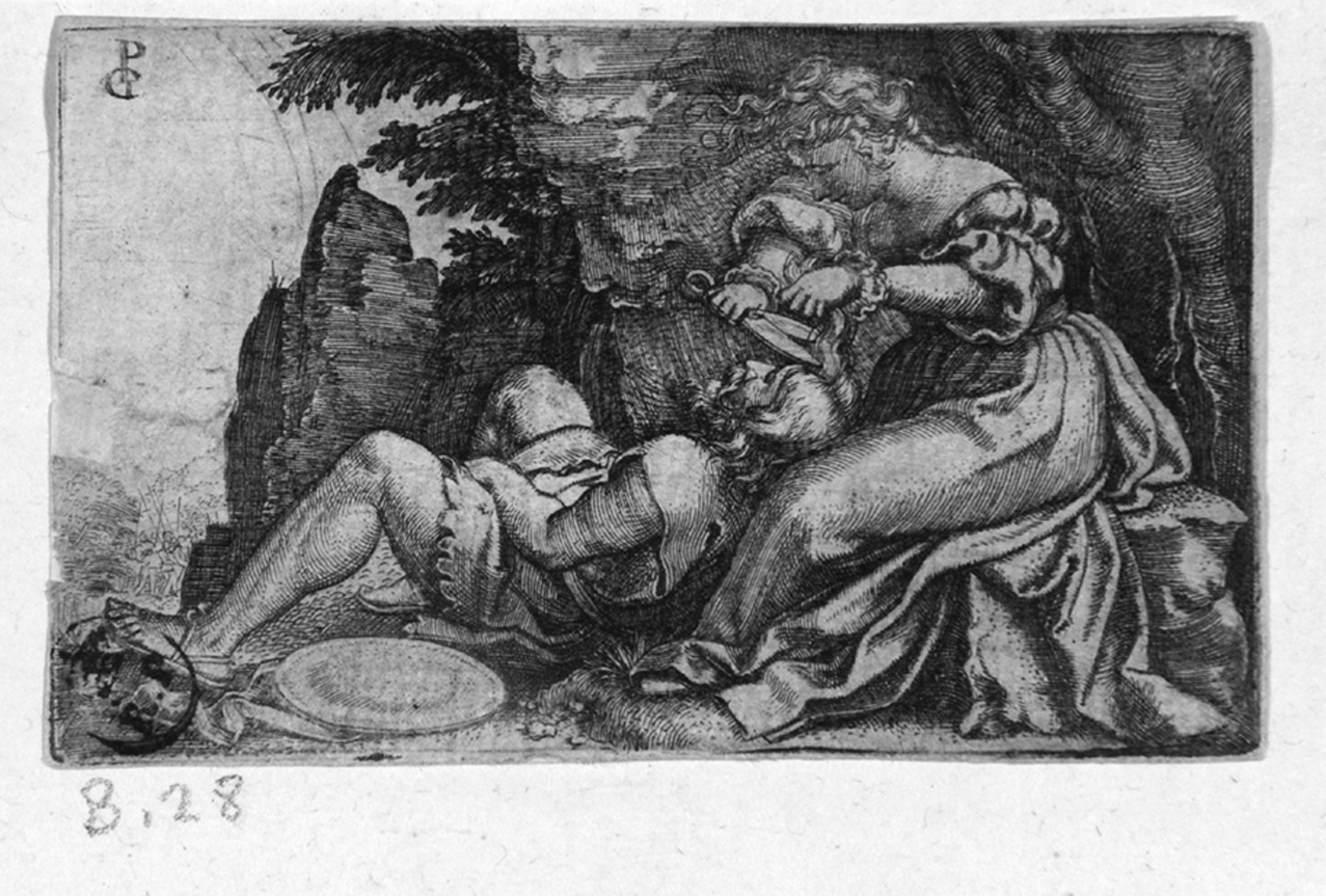 Sansone e Dalila, Dalila taglia le trecce di Sansone (stampa smarginata) di Pencz Georg - ambito tedesco (prima metà sec. XVI)