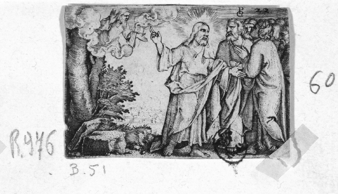 Cristo e gli Apostoli, Cristo tra gli apostoli (stampa smarginata) di Pencz Georg - ambito tedesco (prima metà sec. XVI)