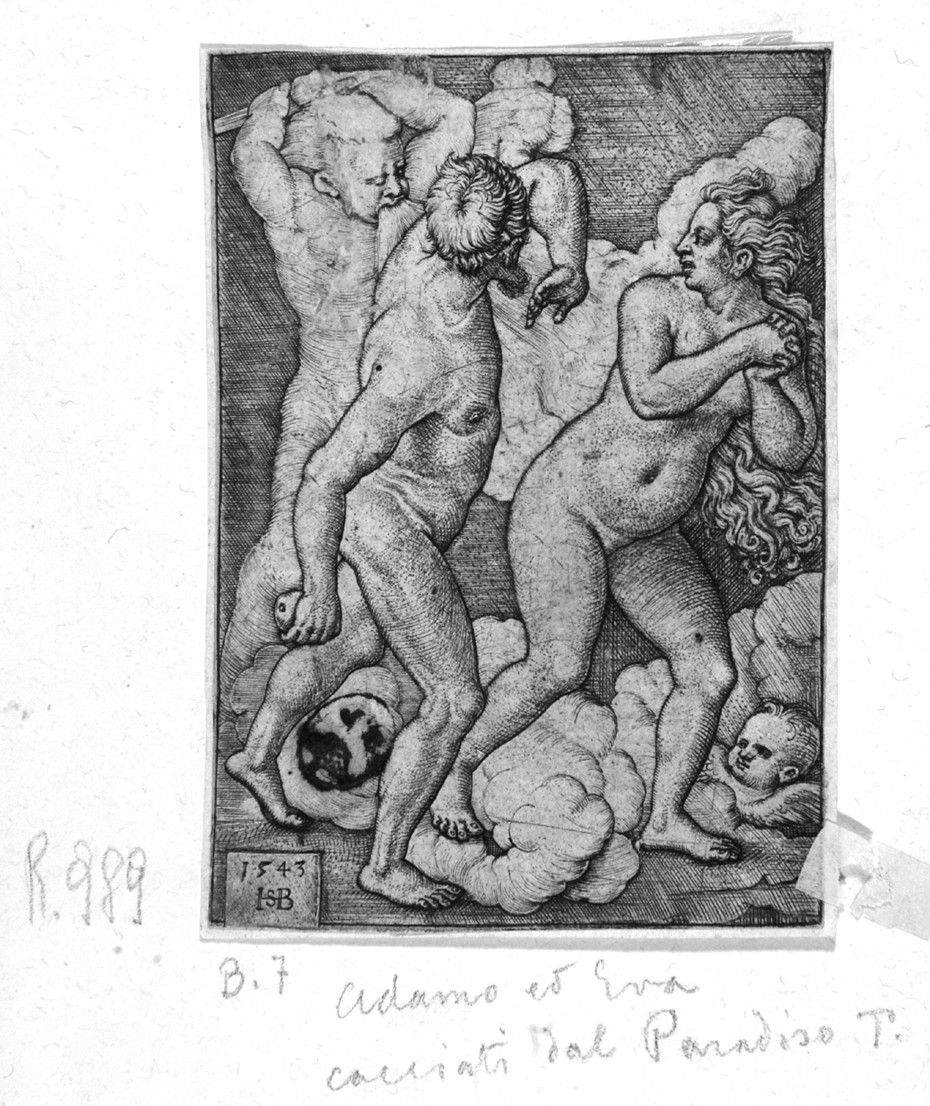 La cacciata di Adamo ed Eva, Adamo ed Eva cacciati dal paradiso terrestre (stampa smarginata) di Beham Hans Sebald - ambito tedesco (prima metà sec. XVI)