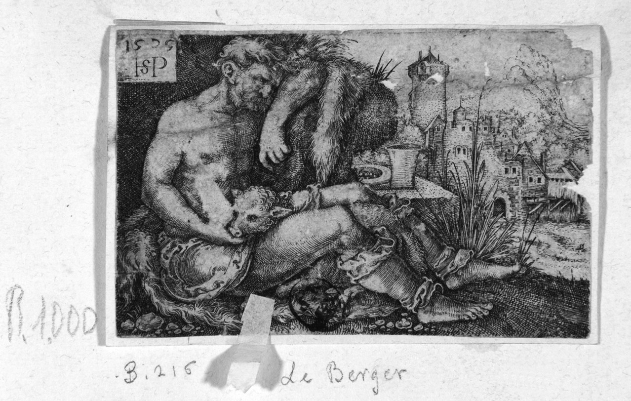 Il pastore, pastore con agnello (stampa smarginata) di Beham Hans Sebald - ambito tedesco (prima metà sec. XVI)