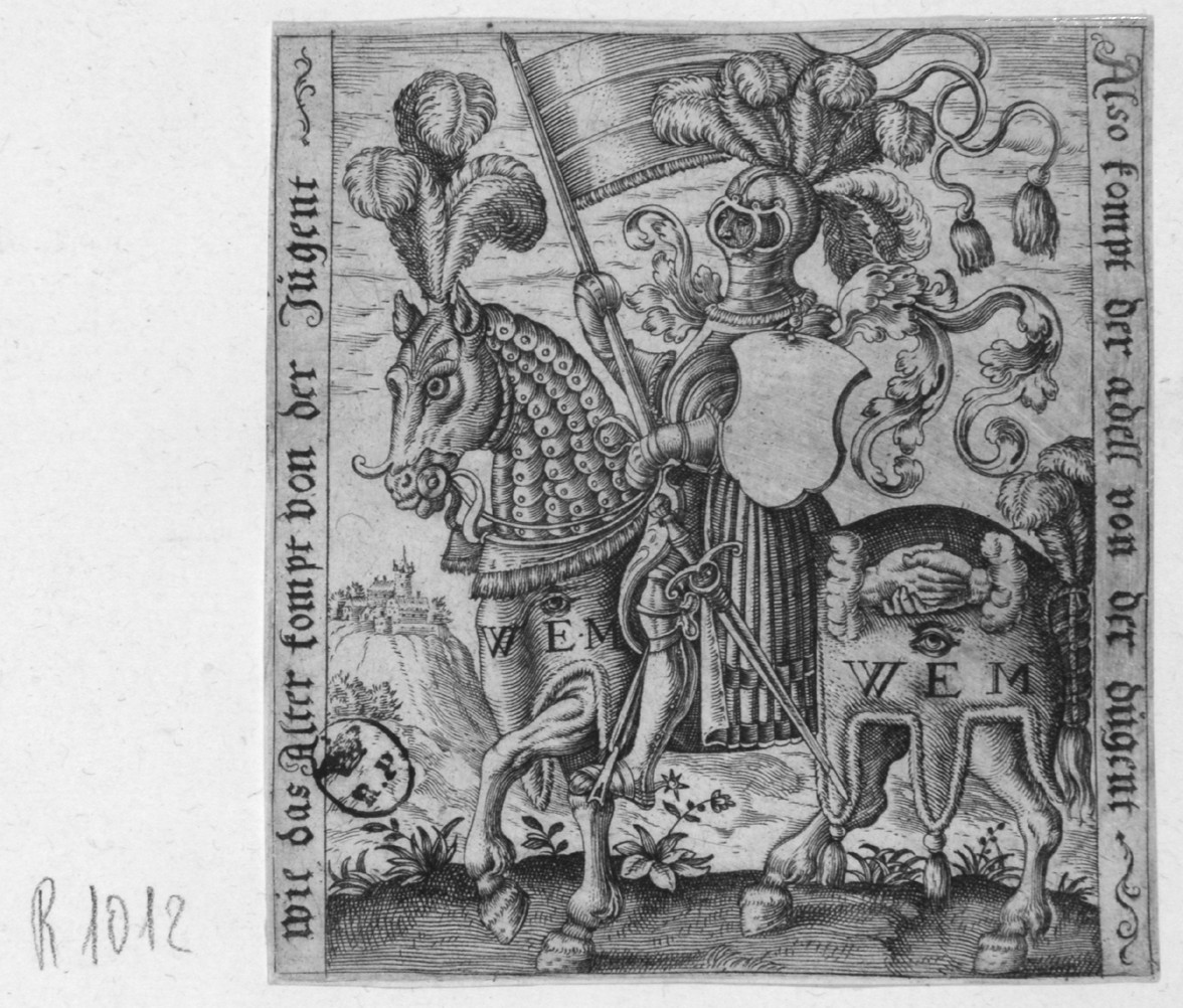 Cavaliere, cavallo e cavaliere (stampa smarginata) di Beham Barthel - ambito tedesco (prima metà sec. XVI)
