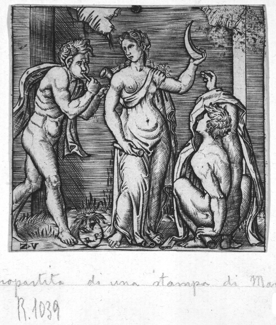 Diana, Diana dea della luna (stampa smarginata) di Raimondi Marcantonio, Monogrammista Z. V - ambito bolognese, ambito tedesco (prima metà sec. XVI)