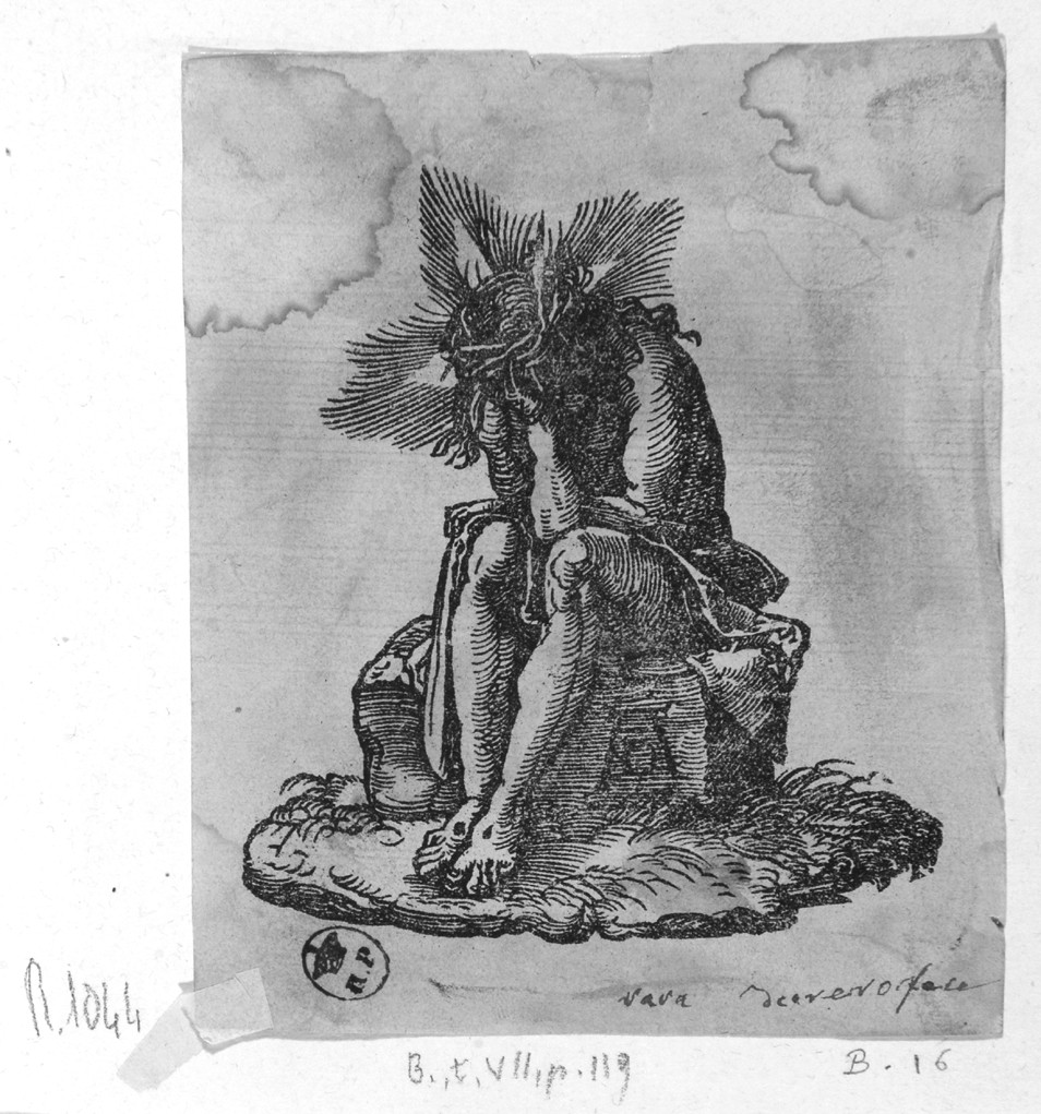 Cristo in pietà, Cristo in pietà (stampa smarginata) di Durer Albrecht - ambito tedesco (prima metà sec. XVI)
