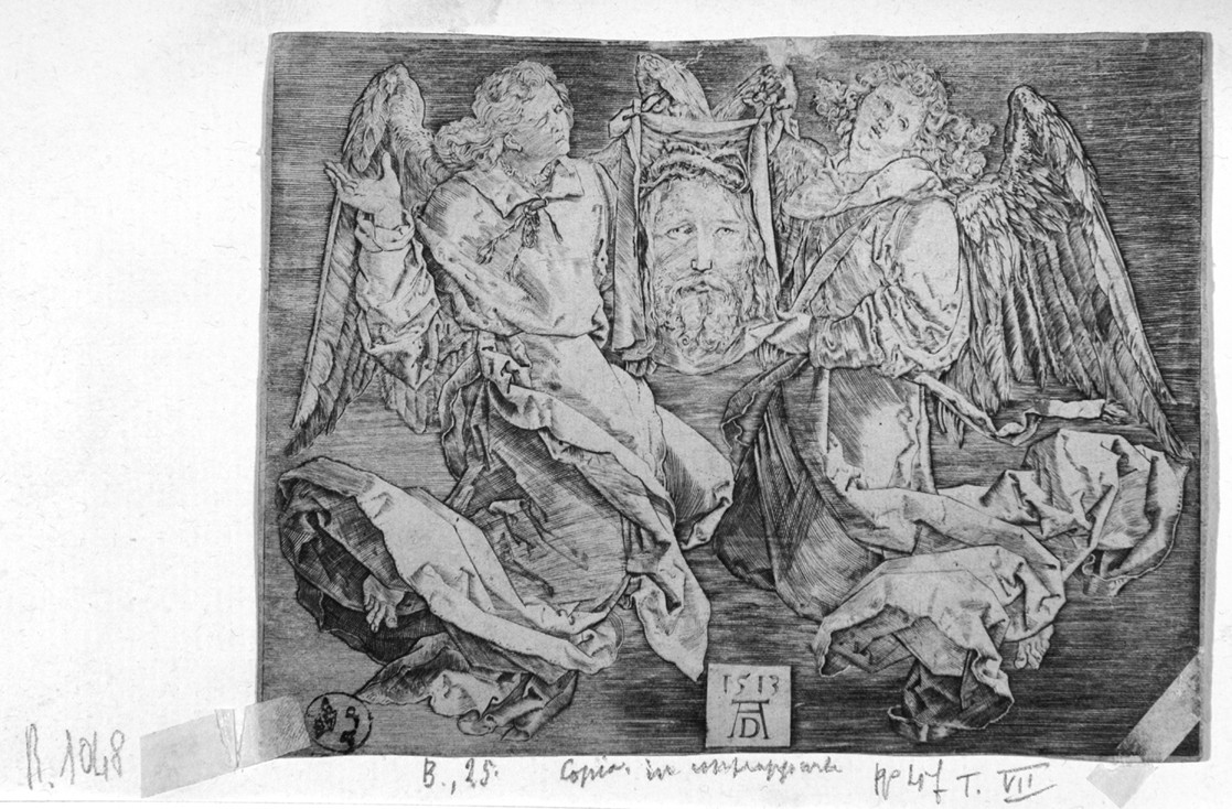 Il Volto Santo, angeli reggono il velo della Veronica (stampa smarginata) di Durer Albrecht - ambito tedesco (prima metà sec. XVI)