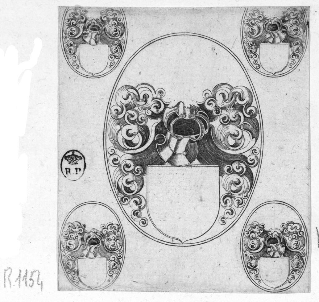 Fregio, fregio per stemma (stampa smarginata) di de Bry Theodor - ambito fiammingo (fine sec. XVI)