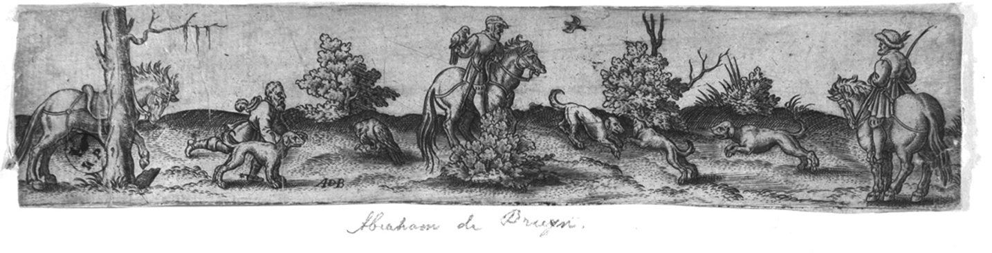 Caccia, caccia (stampa smarginata) di de Bruyn Abraham - ambito tedesco (terzo quarto sec. XVI)