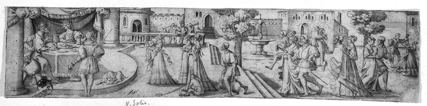 Salomè e la testa del Battista, Salomè consegna la testa di San Giovanni Battista a Erodiade (stampa smarginata) di Solis Virgil - ambito tedesco (terzo quarto sec. XVI)