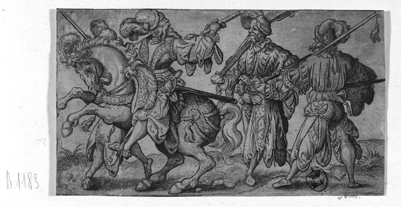 Cavaliere e alabardieri, cavaliere e alabardieri (stampa smarginata) di Solis Virgil - ambito tedesco (terzo quarto sec. XVI)