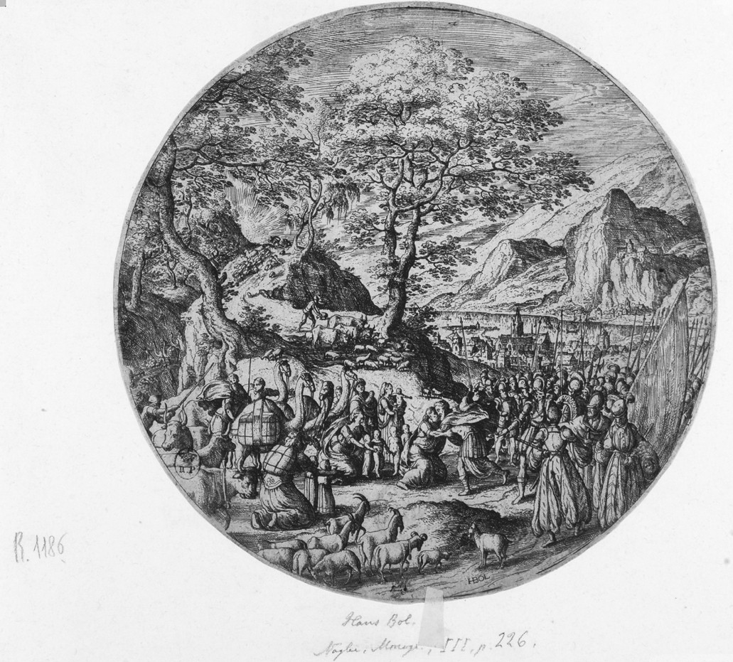 Esaù e Giacobbe, incontro di Esaù e Giacobbe (stampa smarginata) di Bol Hans - ambito fiammingo (seconda metà sec. XVI)