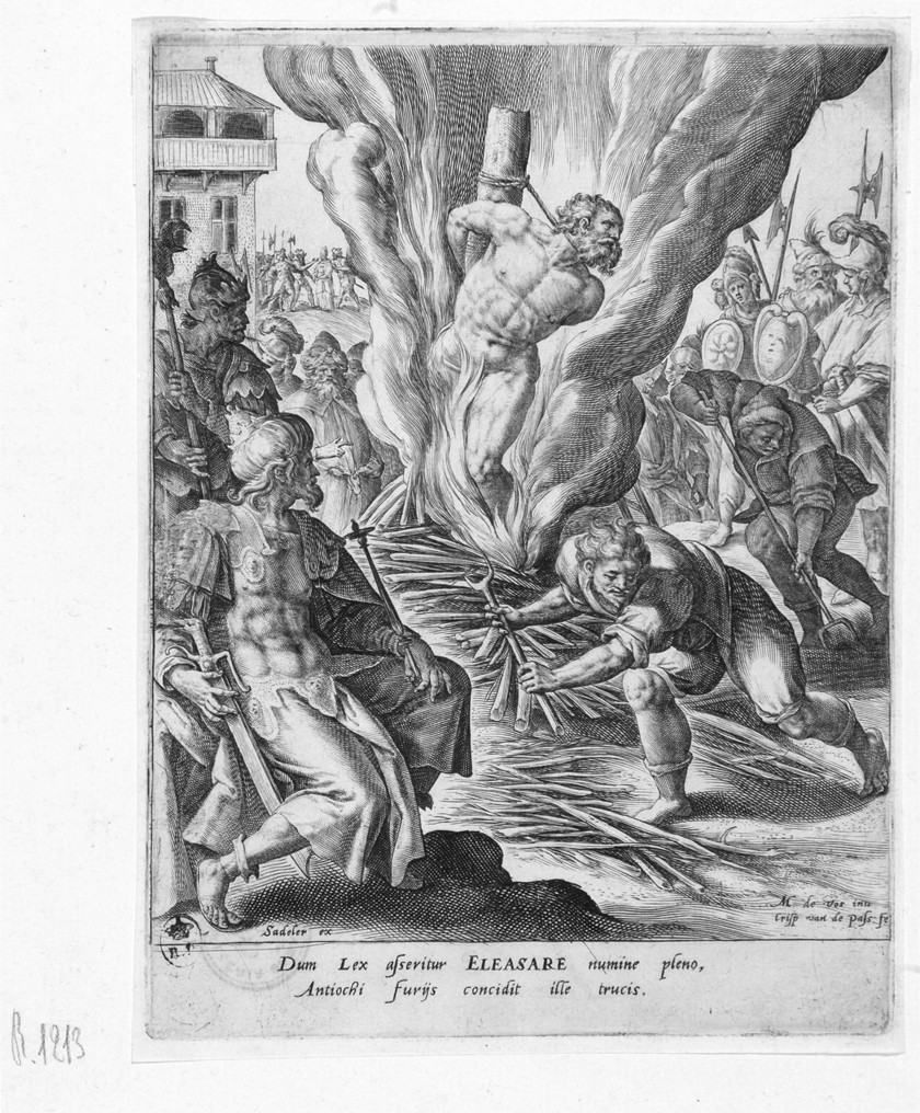 Il martirio di Eleazaro, martirio di Eleazaro (stampa) di de Vos Marteen, van de Passe Crispijn, Sadeler Johan I - ambito olandese, ambito fiammingo (ultimo quarto sec. XVI)