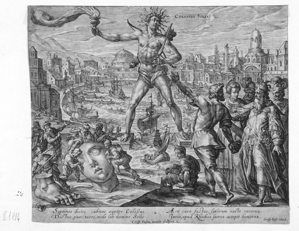 Il colosso di Rodi, veduta di Rodi (stampa smarginata) di van de Passe Crispijn - ambito olandese (fine/ inizio secc. XVI/ XVII)