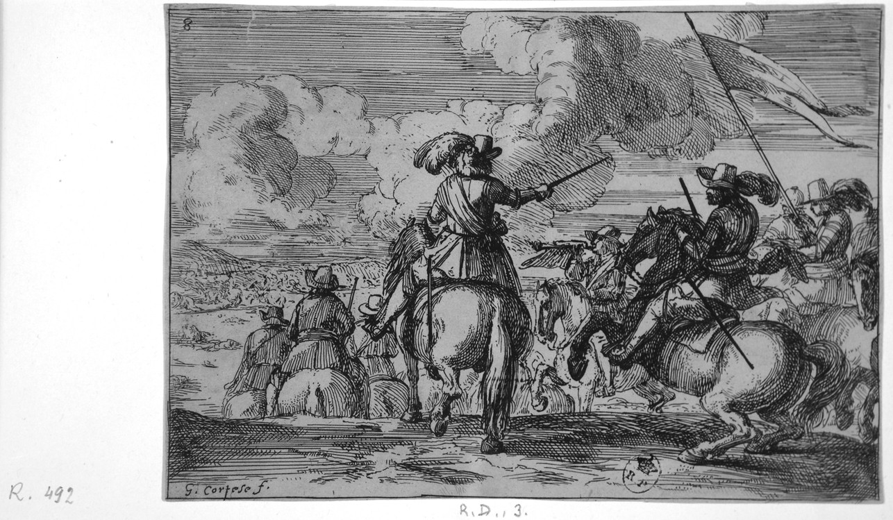 Battaglia, scena di battaglia (stampa smarginata) di Courtois Jacques detto Borgognone - ambito francese (terzo quarto sec. XVII)