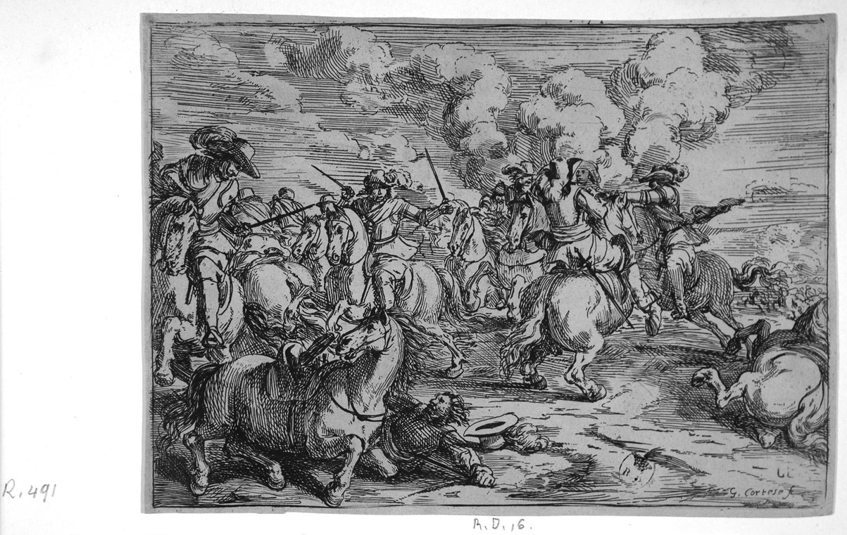 Battaglia, scena di battaglia (stampa smarginata) di Courtois Jacques detto Borgognone - ambito francese (terzo quarto sec. XVII)