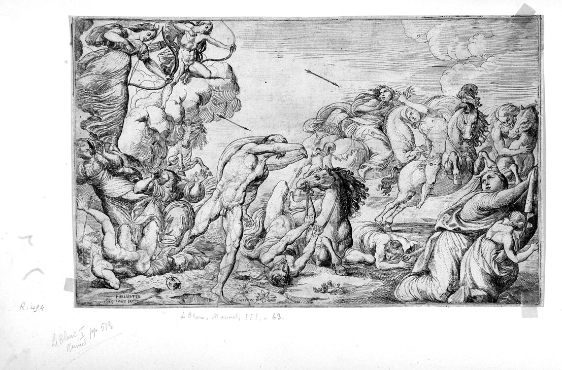 La strage dei figli di Niobe, Diana uccide i figli di Niobe (stampa smarginata) di Brebiette Pierre - ambito francese (secondo quarto sec. XVII)